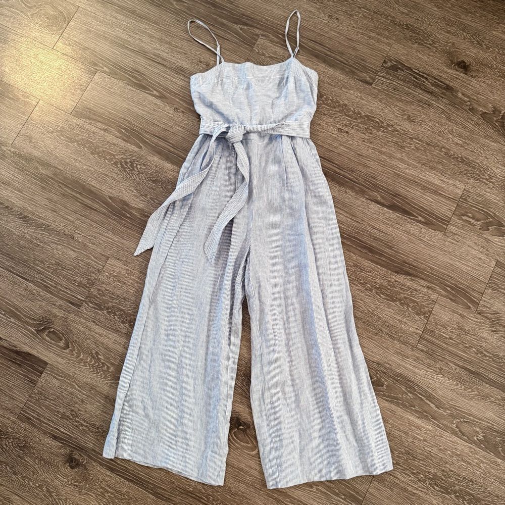 J. Crew Stripe Linen Tie Waist Jumpsuit